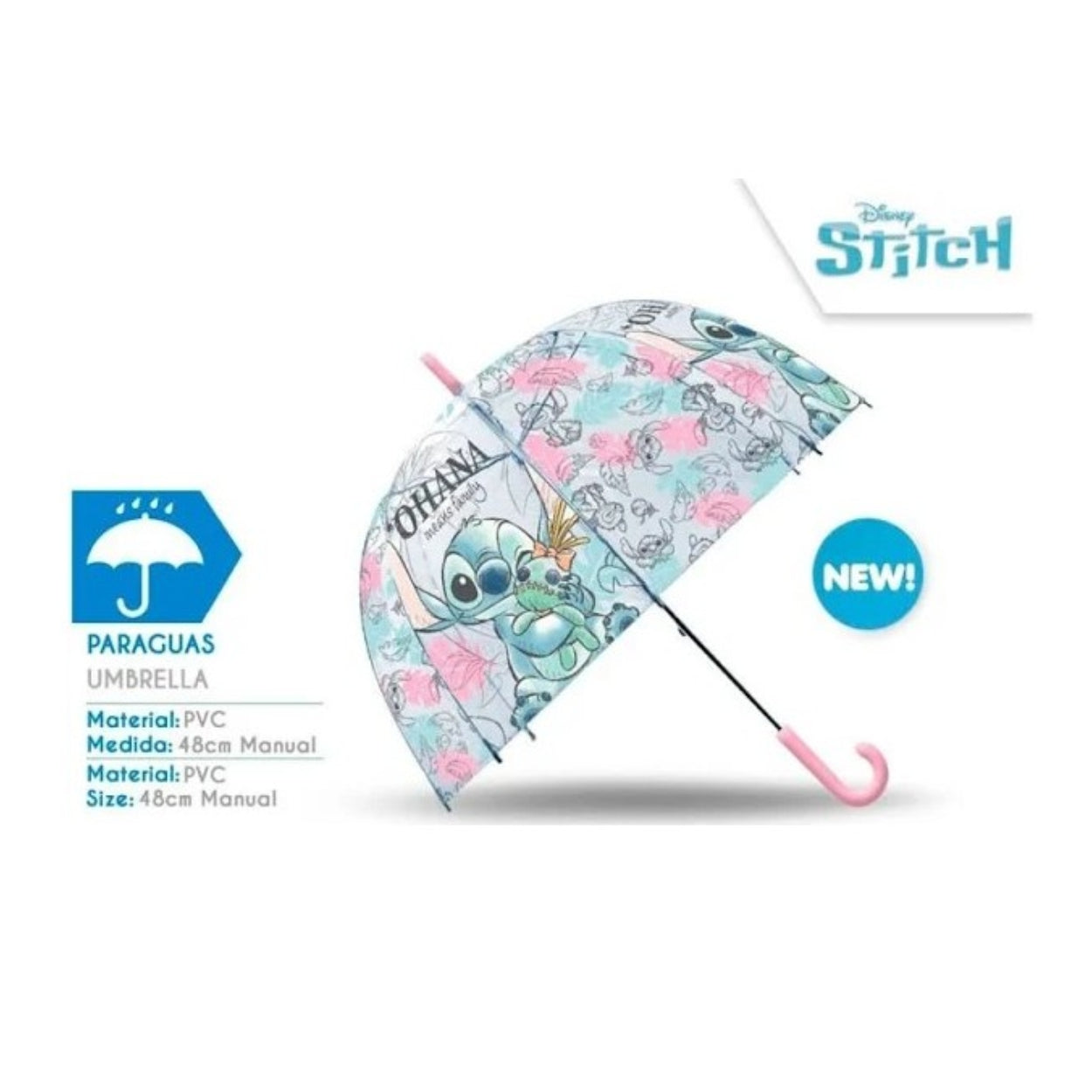Paraguas infantil Lilo & Stitch, multicolor | KIDS EUROSWAN - Paraguas manual estilo campana, transparente, mango rosa // Ref: 202406128