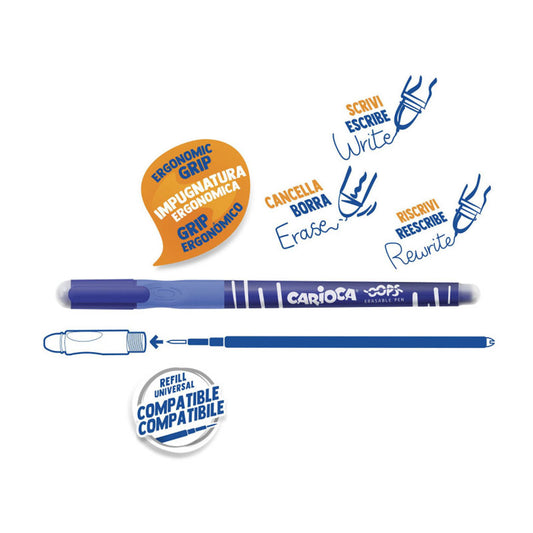 Bolígrafo borrable Carioca "Oops Pop" azul, caja de 12 unidades