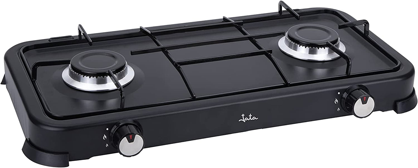 Cocina de gas portátil Jata JECG2702 de 2 fuegos con parrilla, Apta para butano y propano,