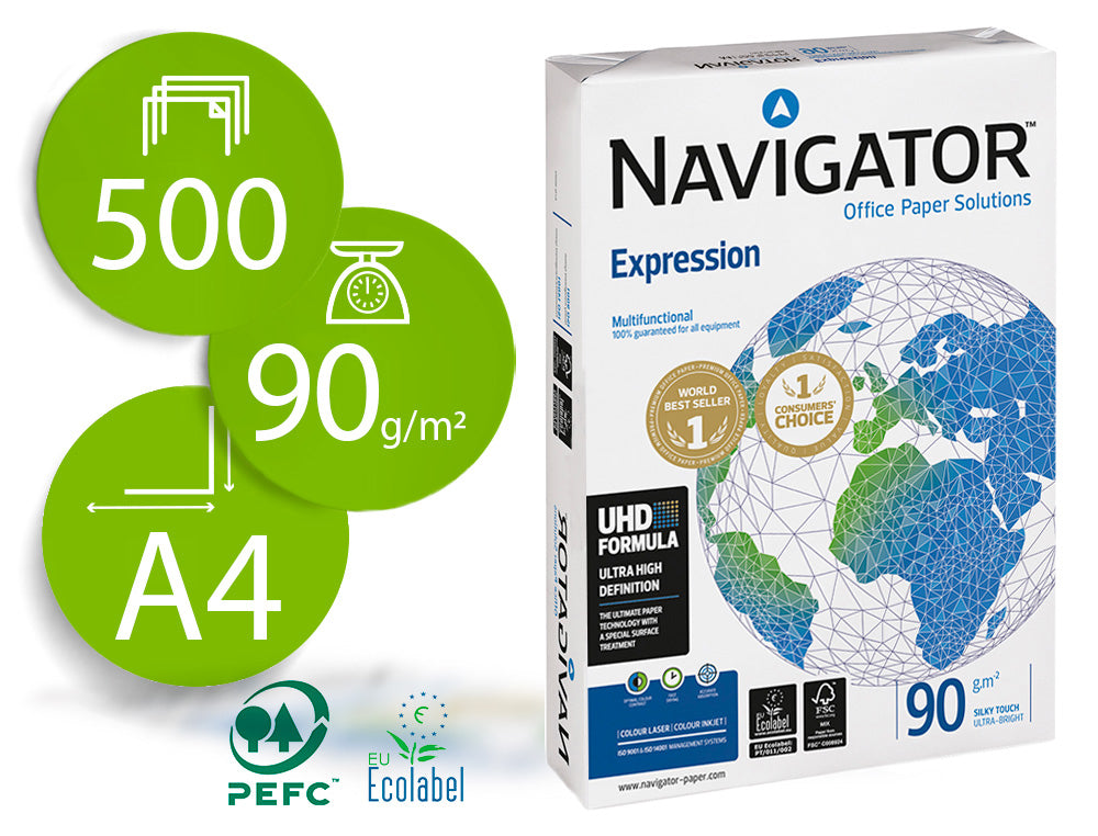 Papel fotocopiadora navigator tamaño din a4 grosor 90 gramos, paquete de 500 hojas.