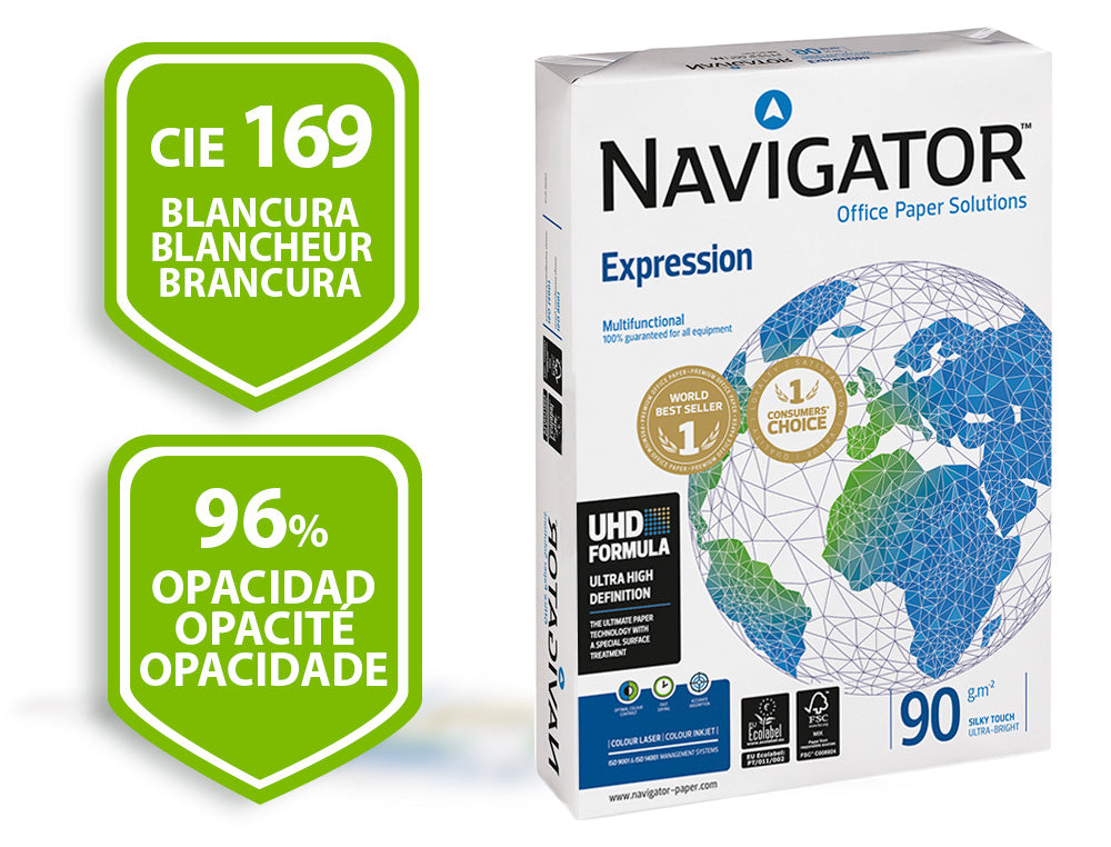 Papel fotocopiadora navigator tamaño din a4 grosor 90 gramos, paquete de 500 hojas.