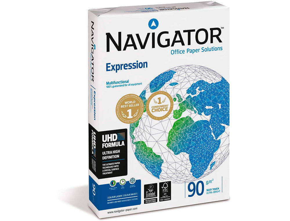 Papel fotocopiadora navigator tamaño din a4 grosor 90 gramos, paquete de 500 hojas.