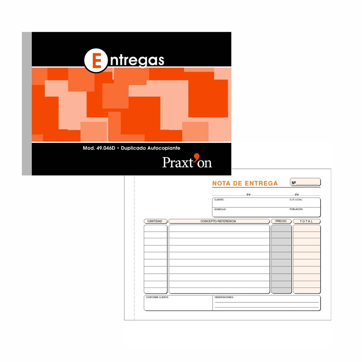 Talonarios Nota de entrega | Praxt'on - Modelo 49.046D, formato cuartilla apaisado (A5), duplicado autocopiante, original blanca y copia rosa, 50 juegos / Pack 10 unidades