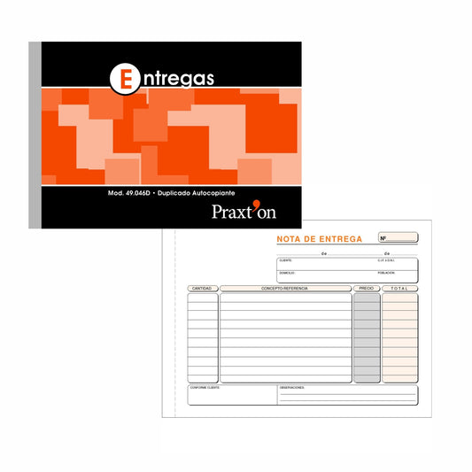 Talonarios Nota de entrega | Praxt'on - Modelo 49.046D, formato cuartilla apaisado (A5), duplicado autocopiante, original blanca y copia rosa, 50 juegos / Pack 10 unidades