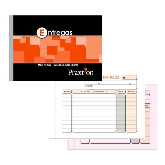 Talonario Nota de entrega | Praxt'on - Modelo 79.051D duplicado autocopiante, tamaño octavilla apaisado (A6), original blanca + copia rosa, 50 juegos - Pack 10 unidades