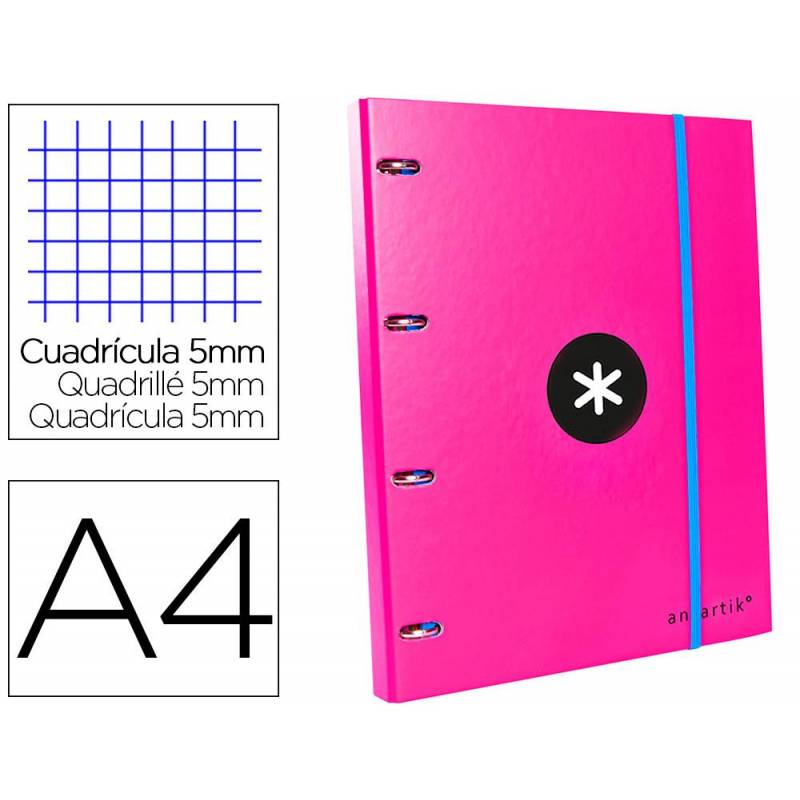 Liderpapel Carpebloc / archivador Antartik A4, 4 anillas 2,5mm, recambio 100 hojas cuadriculadas 5mm, cartón forrado, rosa fucsia con cierre elástico azul - 31 cm