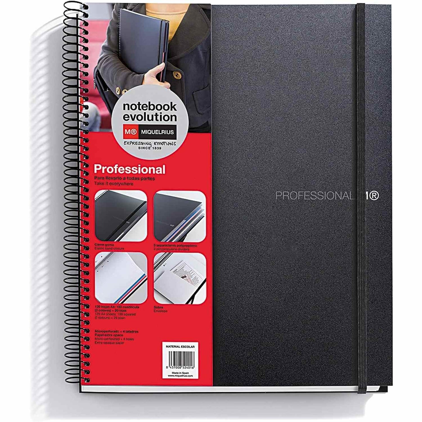 Miquelrius Cuaderno A4 'Evolution Professional' 120 Hojas de 70 g/m², 100 Cuadrículadas + 20 Lisas, Tapa Polipropileno negro, cierre de goma - 30 cm