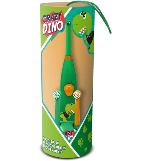 Kids Licensing Cepillo de dientes eléctrico infantil 'Crazy Dino', cepillo completo + 2 recambios, verde y naranja - Cabezal giratorio