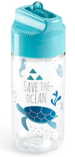 Miquelrius Botella infantil 'Save the Ocean', boquilla abatible incluida, tapón de color y botella translúcida con estampado - 430 ml