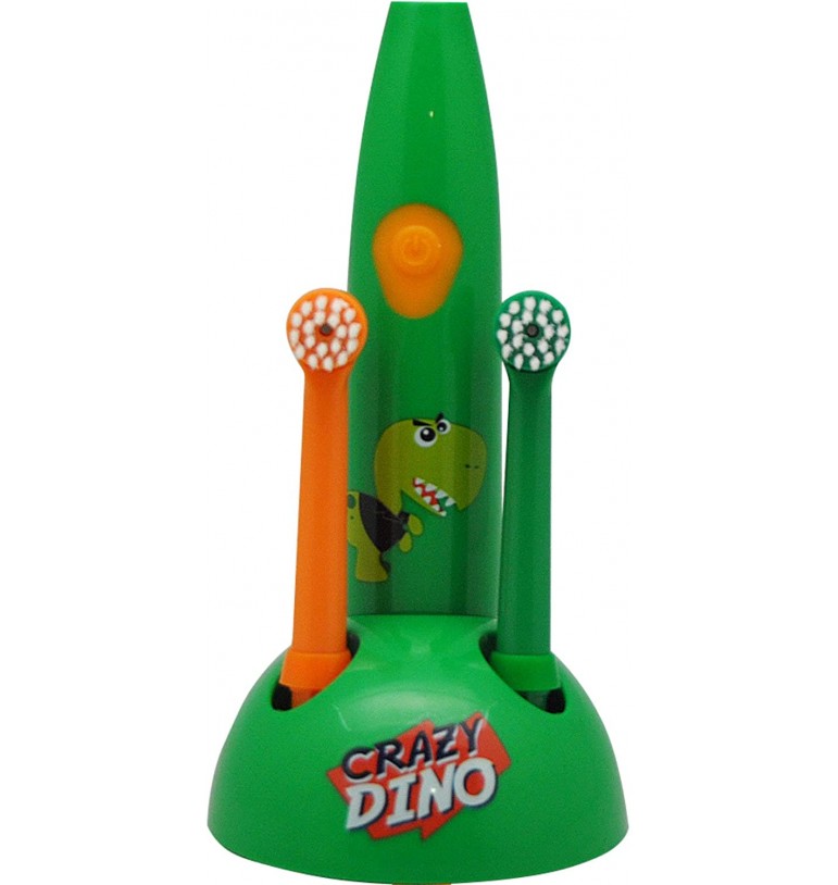 Kids Licensing Cepillo de dientes eléctrico infantil 'Crazy Dino', cepillo completo + 2 recambios, verde y naranja - Cabezal giratorio