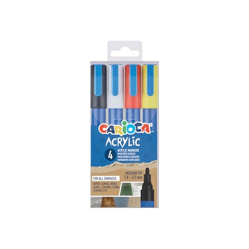 CARIOCA Marcadores acrílicos de punta redonda, juego de 4 colores, rotuladores acrílicos Bullet Tip para escritura decorativa, letras y decoración multisuperficie