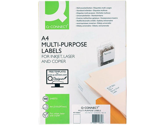 Q-Connect Etiqueta Adhesiva KF10664 Tamaño 210X297 Mm Fotocopiadora Láser Ink-Jet Caja Con 100 Hojas Din A4