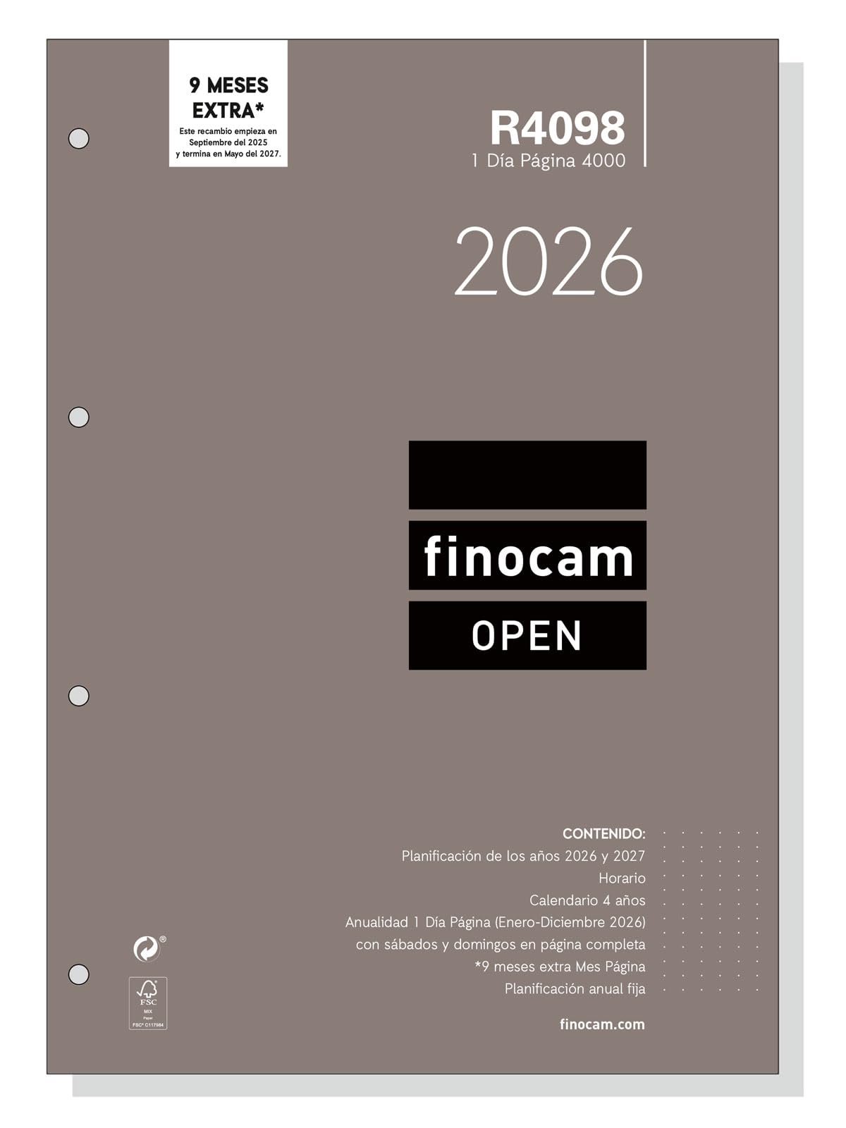 Finocam - Recambio agenda Open 2026 1 Día Página | Enero - Diciembre (12 meses) | Recambio anual agenda R4098 con 4 taladros - Español