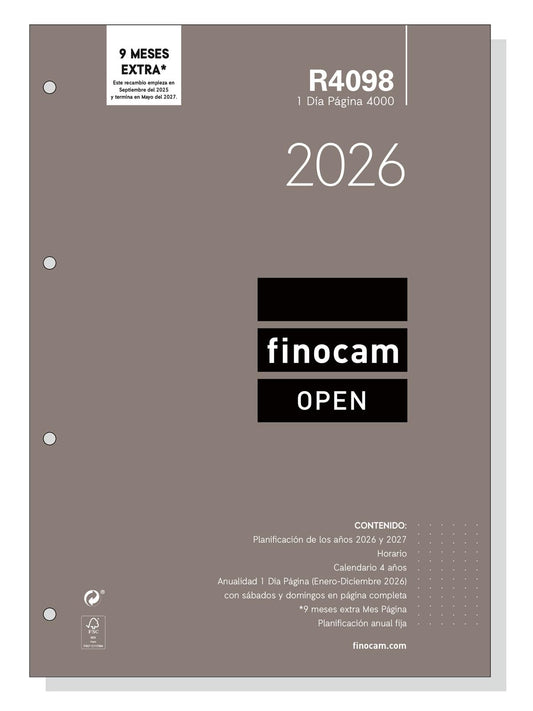 Finocam - Recambio agenda Open 2026 1 Día Página | Enero - Diciembre (12 meses) | Recambio anual agenda R4098 con 4 taladros - Español