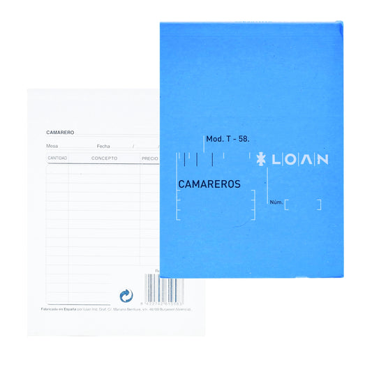 Talonario Camareros LOAN Modelo T-58 Hoja Simple A6 100 Hojas Blancas