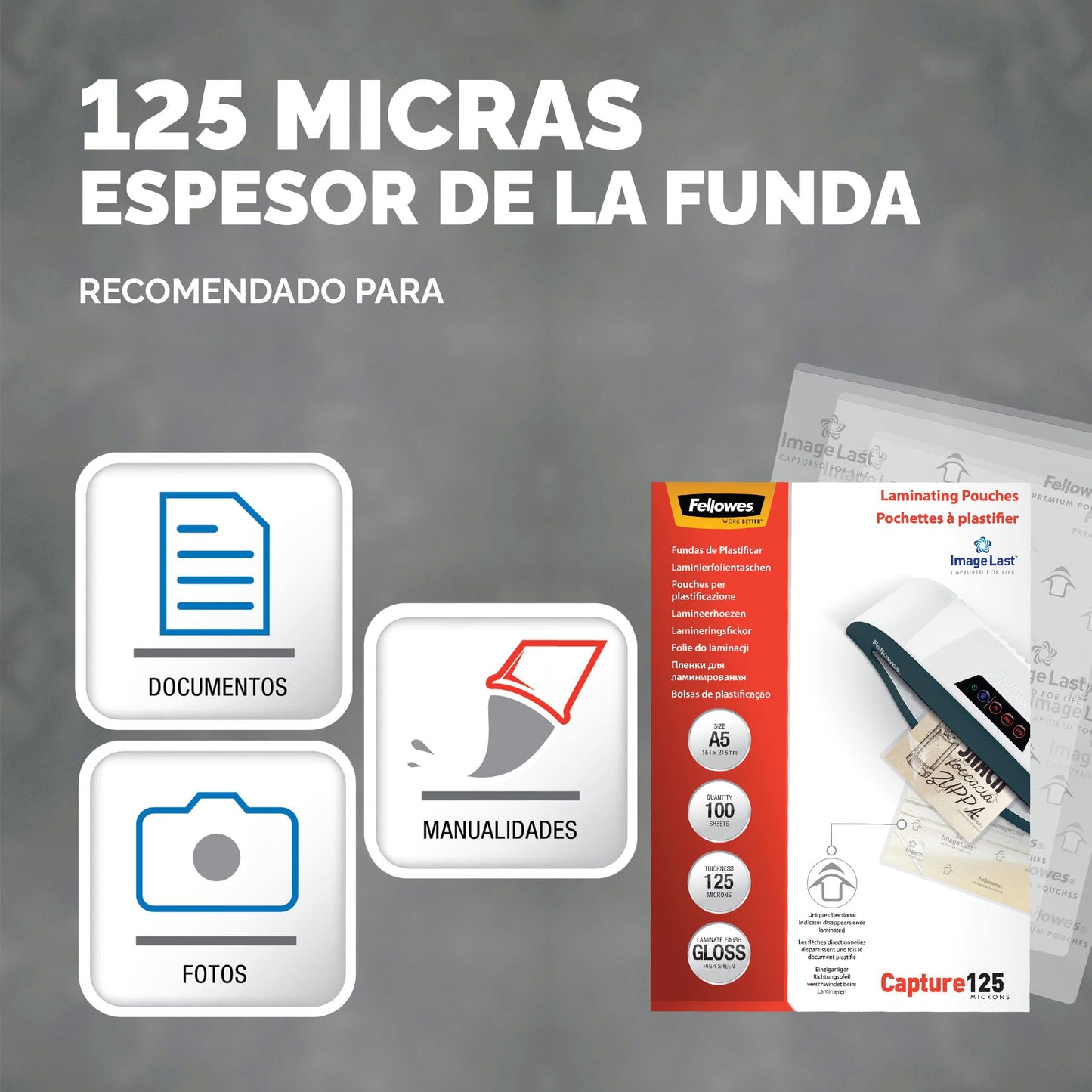 Fellowes Fundas de Plastificar A5, acabado brillo, 100 hojas, 250 micras (2 x 125 micras), acabado de calidad, con indicadores direccionales Image Last, adecuadas para fotos, avisos y uso diario