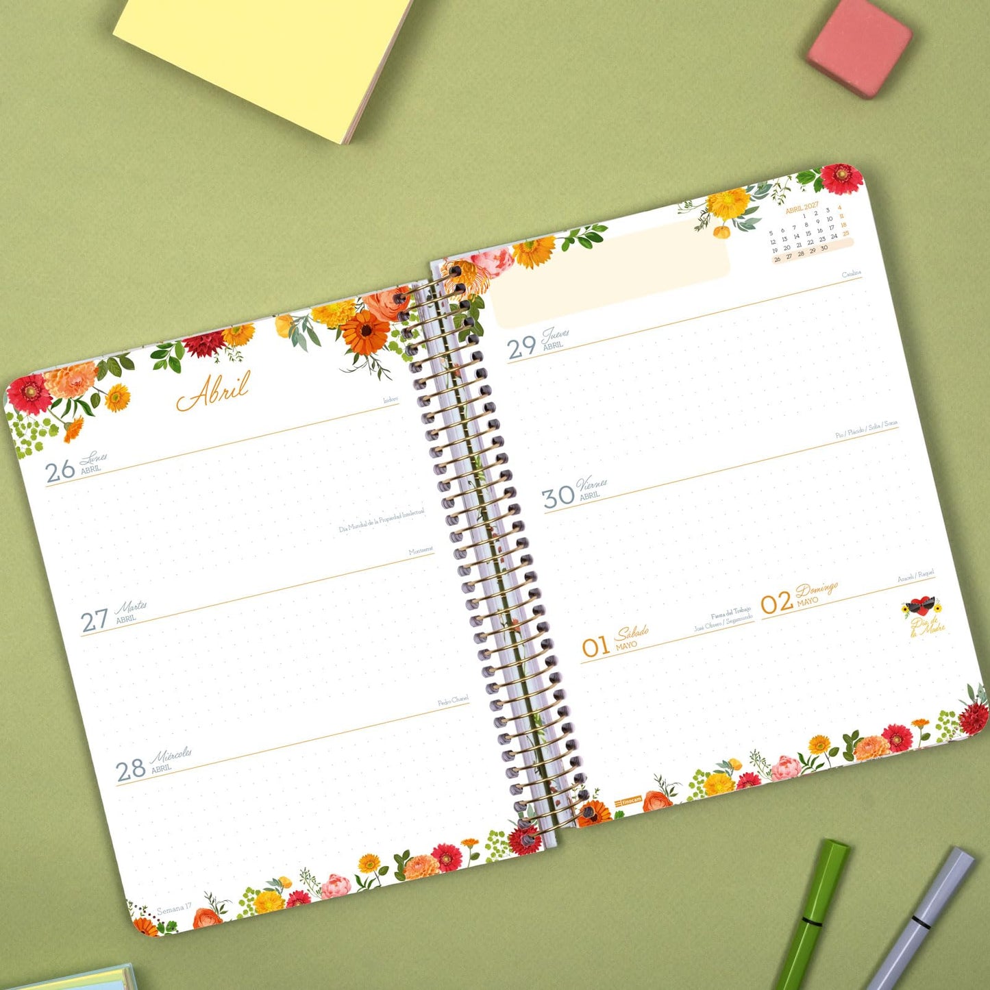 Finocam Cloe Agenda 16 meses 2026 2027 | Semana Vista Horizontal · Septiembre 2026 - Diciembre 2027 | Verde · Idioma: Español - Agenda semanal