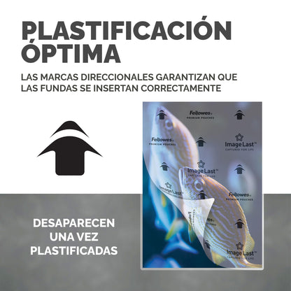 Fellowes Fundas de Plastificar A5, acabado brillo, 100 hojas, 250 micras (2 x 125 micras), acabado de calidad, con indicadores direccionales Image Last, adecuadas para fotos, avisos y uso diario