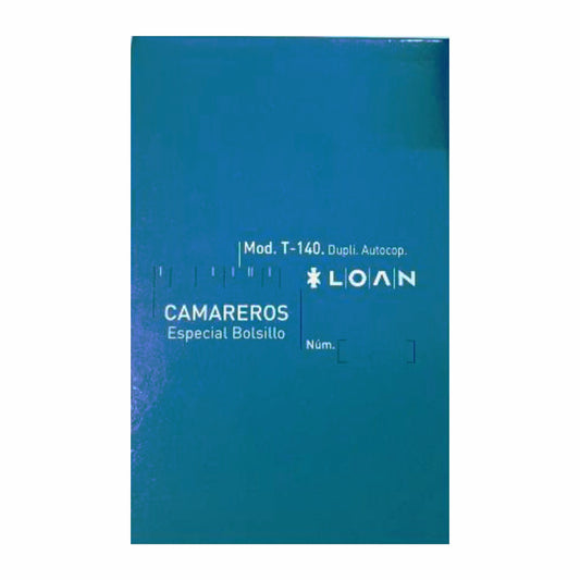 Talonarios Camarero T-140/N numerados (pack 10 ud.) | LOAN - Duplicado autocopiante, 100 hojas (50 blancas y 50 rosa) , original y copia, 9 x 14 cm, modelo bolsillo