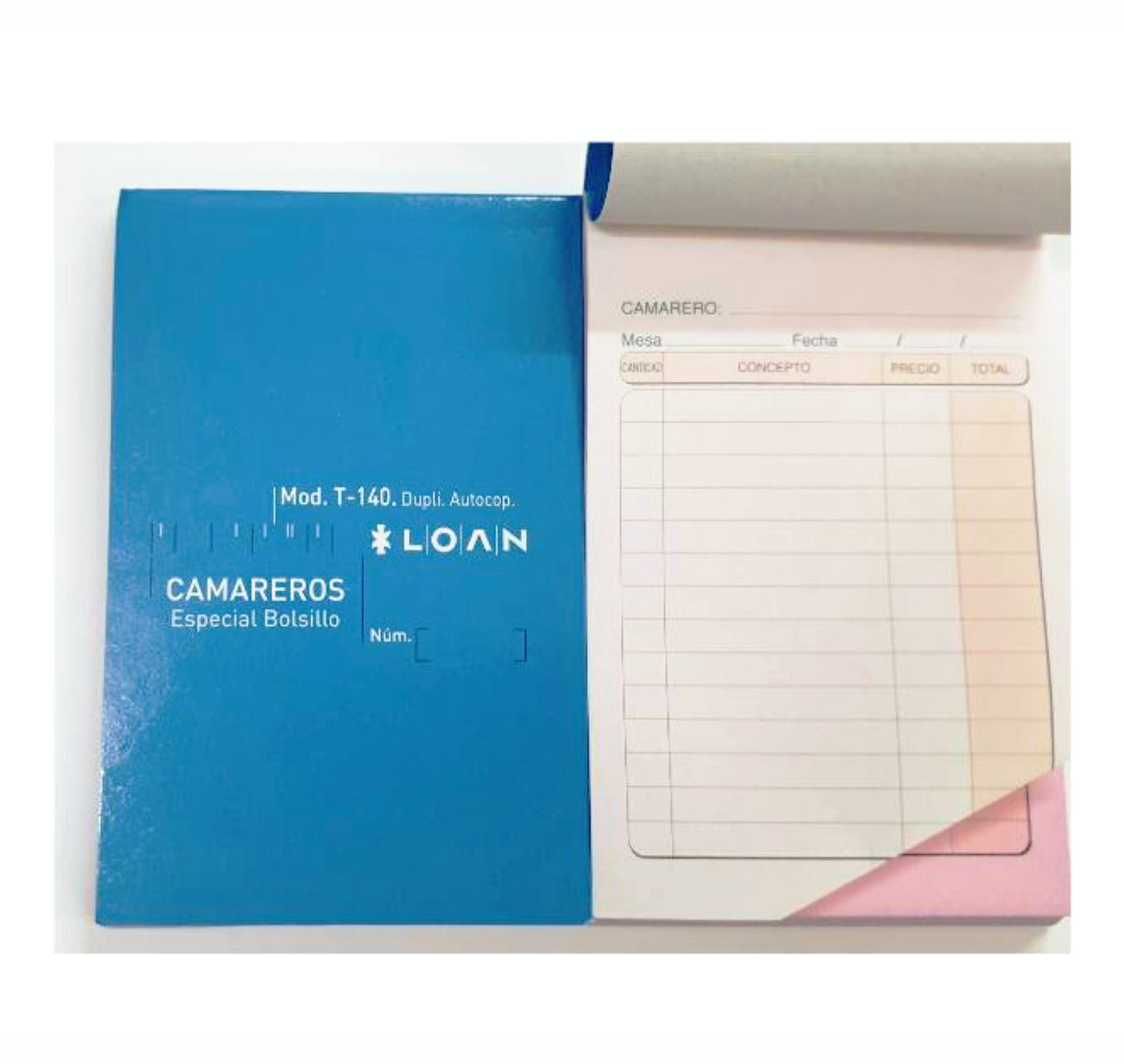 Talonarios Camarero T-140/N numerados (pack 10 ud.) | LOAN - Duplicado autocopiante, 100 hojas (50 blancas y 50 rosa) , original y copia, 9 x 14 cm, modelo bolsillo