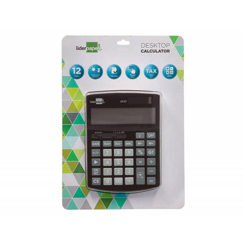 Calculadora solar con pilas 12 dígitos | Liderpapel - Calculadora de sobremesa con tasas, solar y batería, color negro - REF: 163492