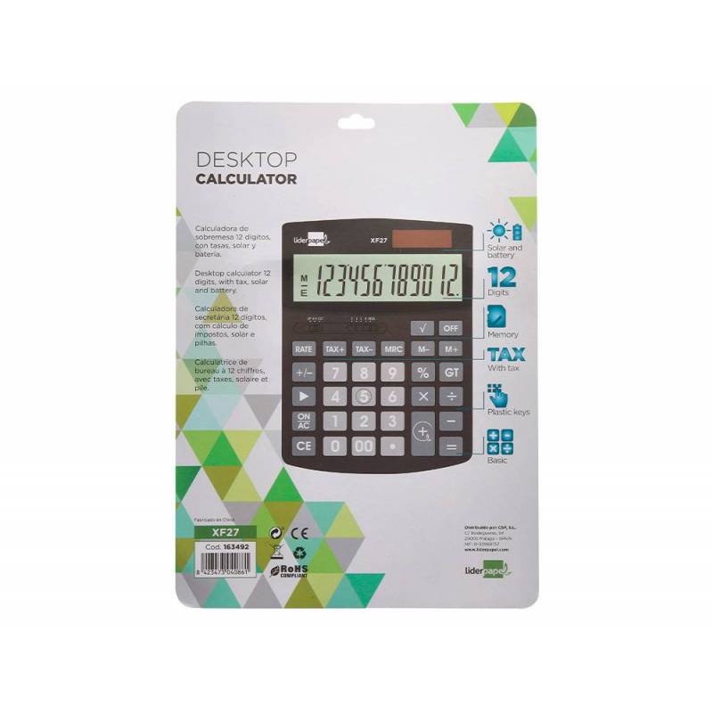 Calculadora solar con pilas 12 dígitos | Liderpapel - Calculadora de sobremesa con tasas, solar y batería, color negro - REF: 163492