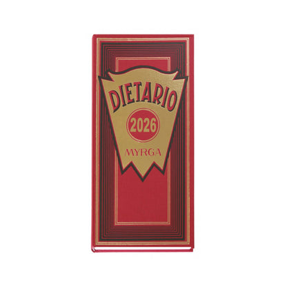 Agenda anual 2026, 1/3 folio, día/página | MYRGA - Dietario tamaño 15 x 31.5 cm, tapa dura encuadernada en Geltex con estampado en dorado // Ref: 2101