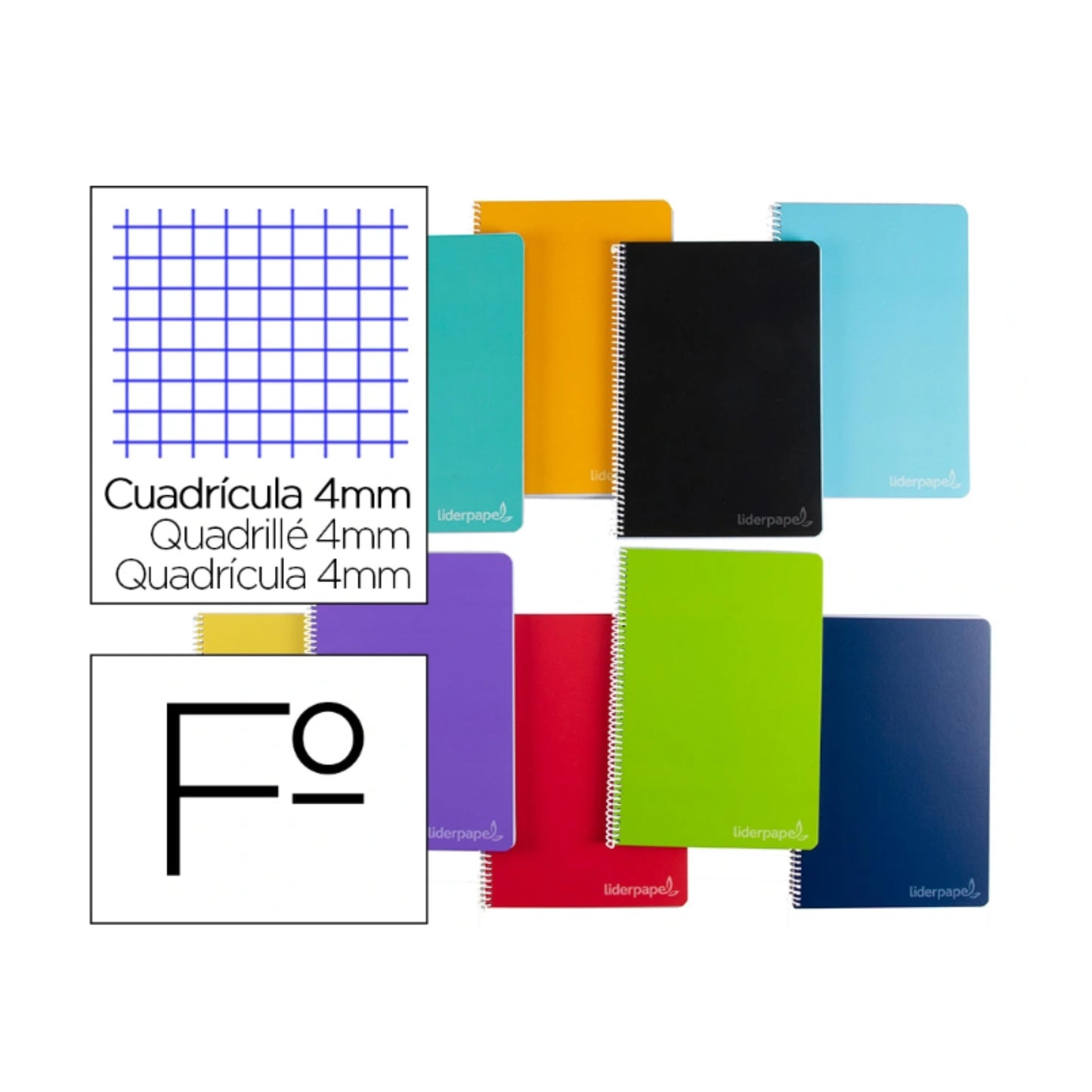 Cuadernos cuadros espiral folio, pack 10 ud.| LIDERPAPEL - Cuadernos Fº, cuadrícula 4mm, papel 60 gramos, 80 hojas, con margen, colores surtidos // Ref: 08194