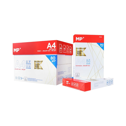 Papel A4 extrablanco, calidad premium | MP - Caja con 5 paquetes de 500 hojas (total 2.500 hojas), apto para impresoras multifunción, láser y fotocopiadora // Ref: PN331