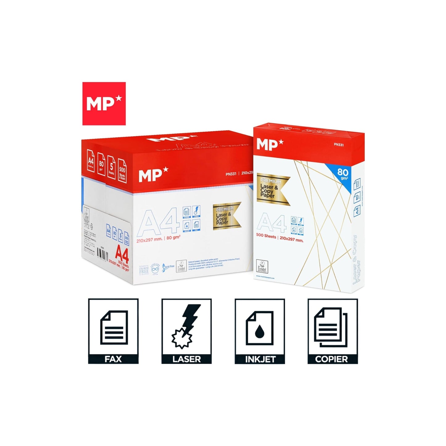 Papel A4 extrablanco, calidad premium | MP - Caja con 5 paquetes de 500 hojas (total 2.500 hojas), apto para impresoras multifunción, láser y fotocopiadora // Ref: PN331