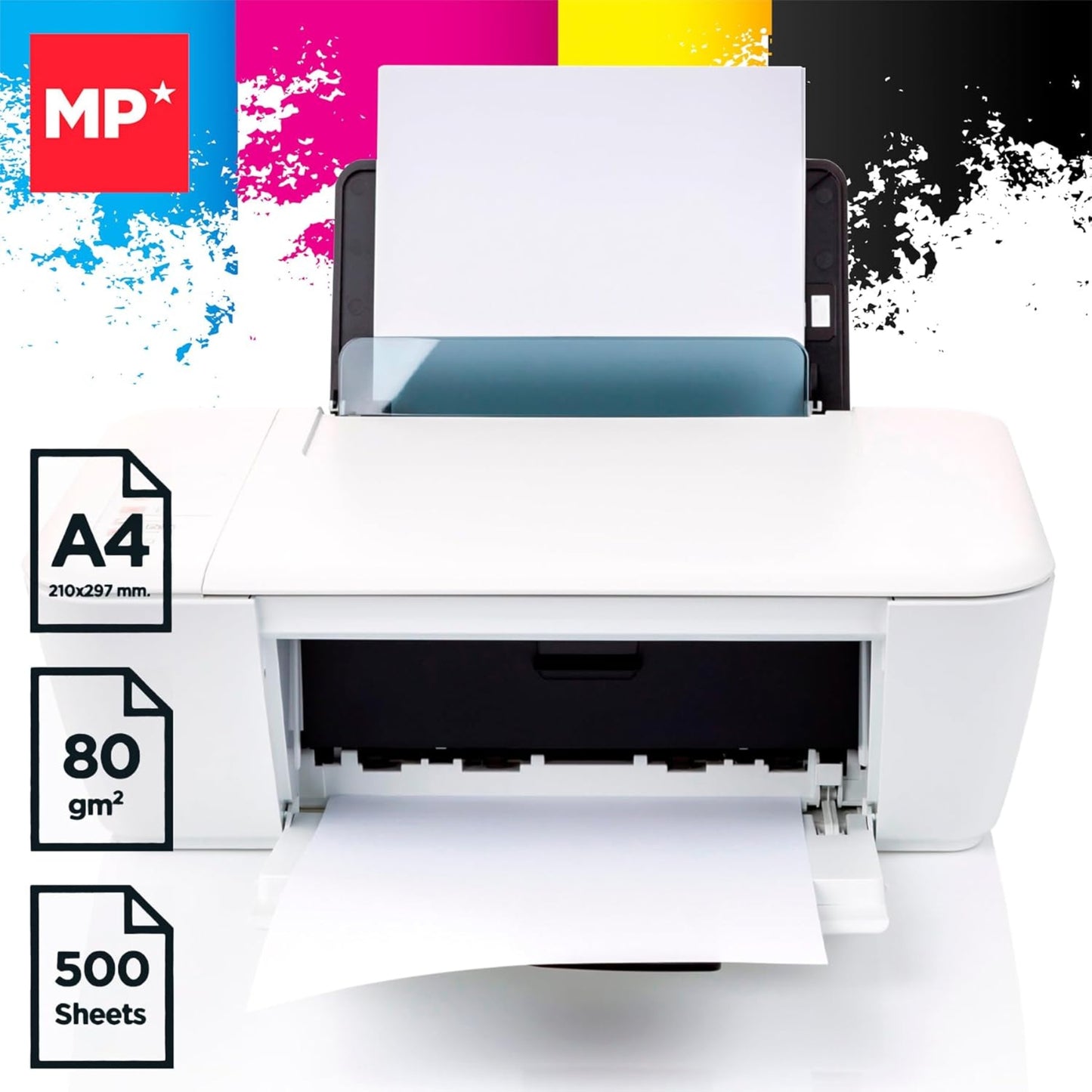 Papel A4 extrablanco, calidad premium | MP - Caja con 5 paquetes de 500 hojas (total 2.500 hojas), apto para impresoras multifunción, láser y fotocopiadora // Ref: PN331