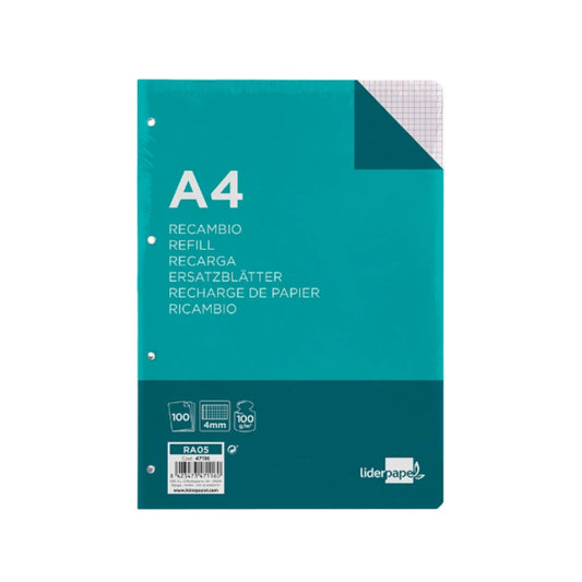 Recambio para archivador A4| LIDERPAPEL - Paquete de 100 hojas, cuadrícula 4mm, 100 gramos, con margen // Ref: 47116