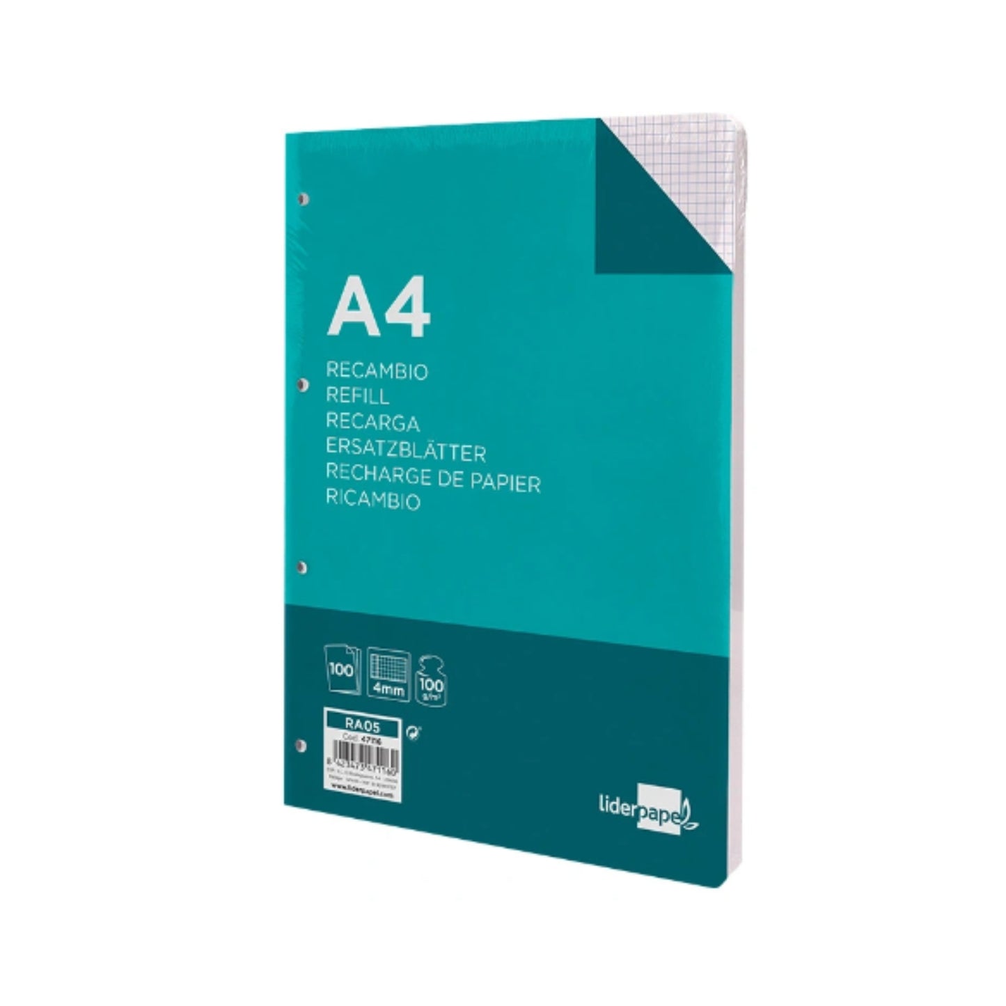 Recambio para archivador A4| LIDERPAPEL - Paquete de 100 hojas, cuadrícula 4mm, 100 gramos, con margen // Ref: 47116