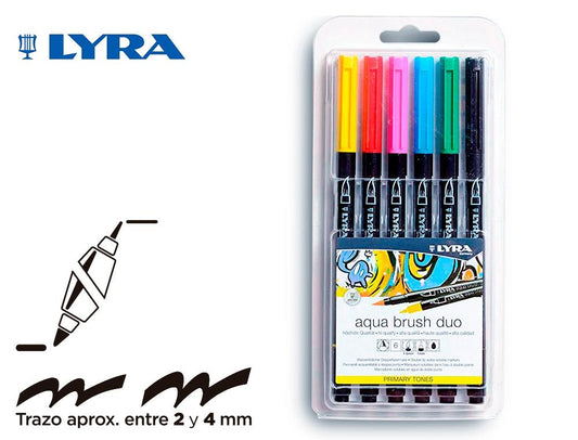 Rotuladores acuarelables Lyra, doble punta (1-5 mm y 1 mm), pack de 6 colores vivos, ideales para bocetos y diseños - REF: L6521060