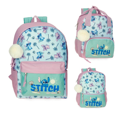 Mochila escolar infantil Stitch 'Just Chill', oficial Disney | JOUMMA - Mochila en tonos celestes y malva, varios tamaños disponibles