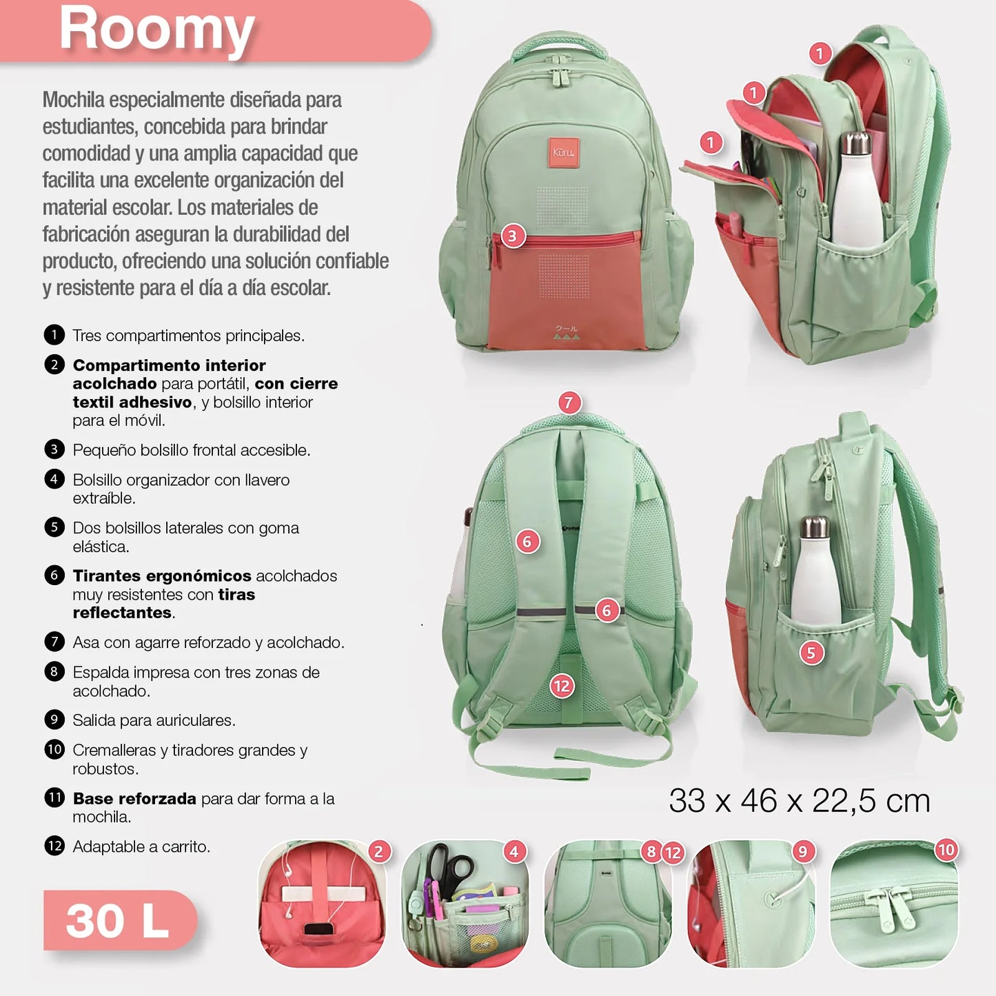 Mochila escolar grande Roomy Kuru3 Lavanda | GRAFOPLÁS - Mochila con triple compartimento gran capacidad, cierre de cremallera, bolsillos laterales y uno pequeño frontal, adaptable a carro, hombreras acolchadas, base reforzada