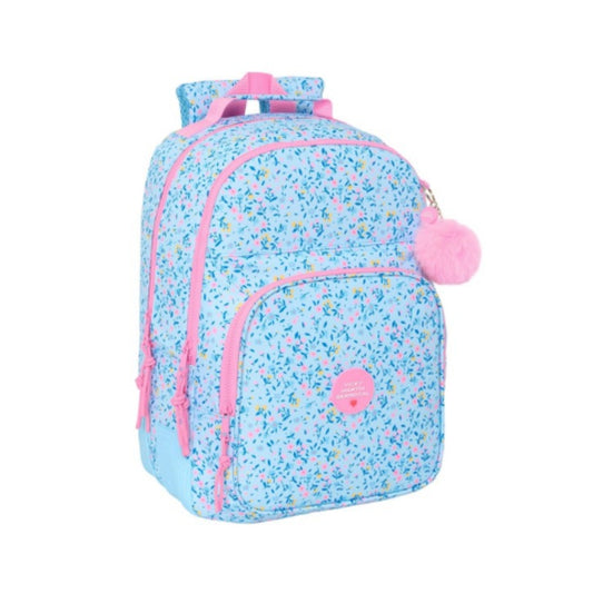 Mochila escolar Vicky 'Paraíso' | SAFTA - Mochila triple compartimento, 42 cm, adaptable a carro, modelo celeste con estampado floral // Ref: 612536773