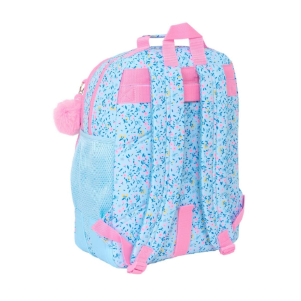 Mochila escolar Vicky 'Paraíso' | SAFTA - Mochila triple compartimento, 42 cm, adaptable a carro, modelo celeste con estampado floral // Ref: 612536773