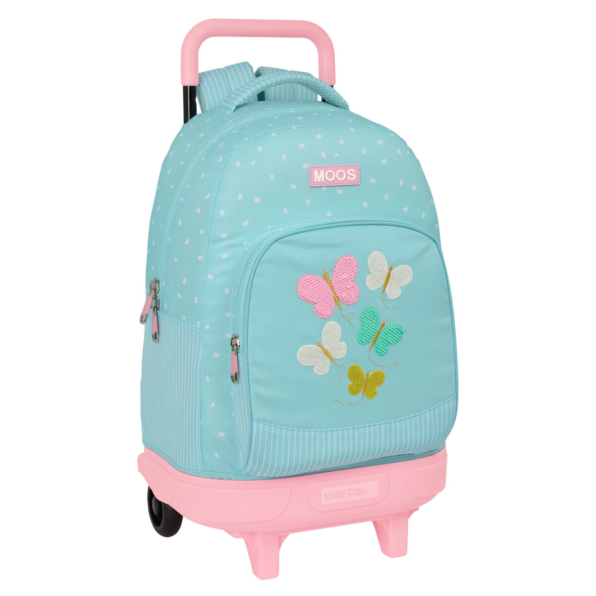 Mochila carro Butterflies  MOOS - Mochila con carro de 2 ruedas, doble compartimento, decorada con mariposas de lentejuelas, color celeste, fabricada con materiales reciclados // Ref: 62349918