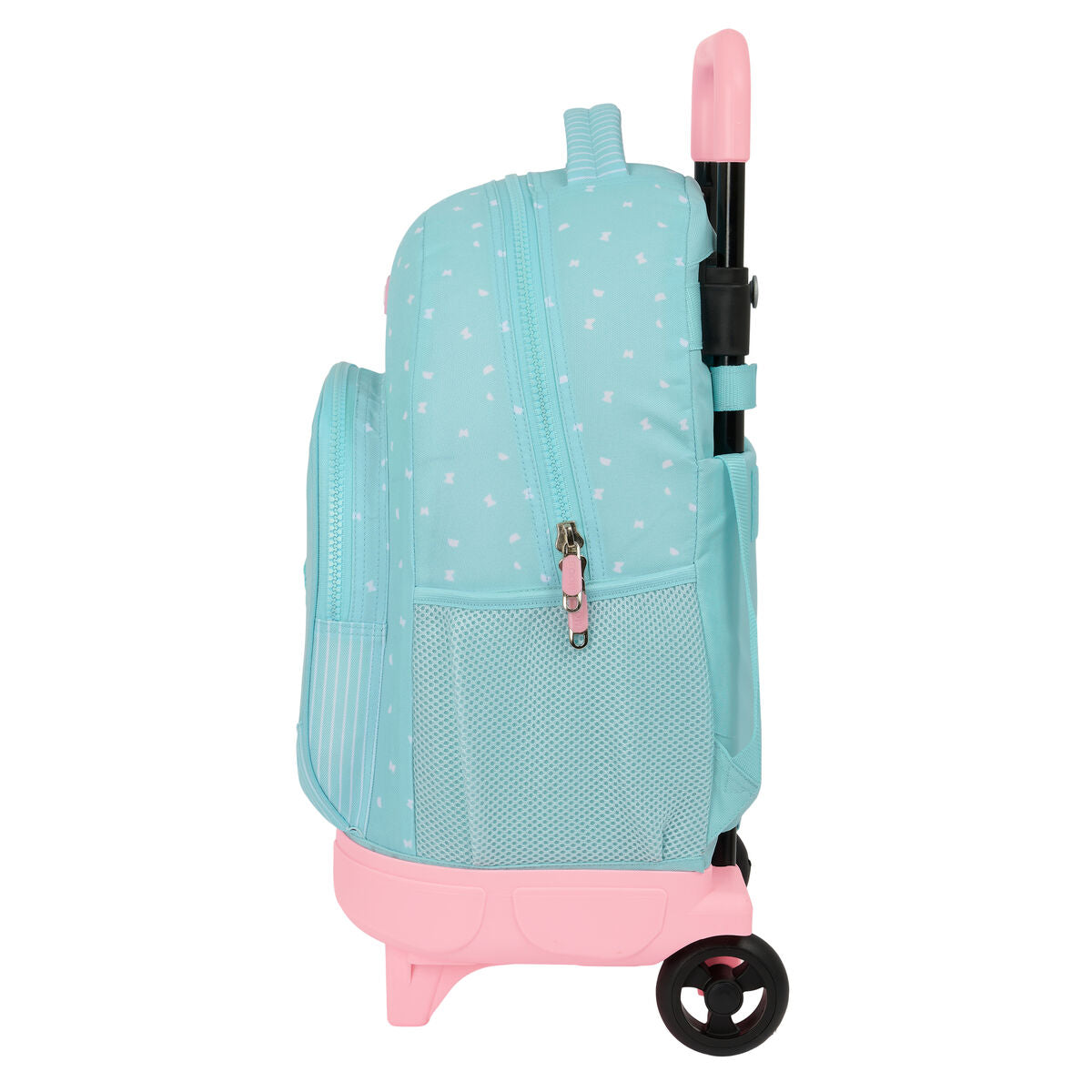 Mochila carro Butterflies  MOOS - Mochila con carro de 2 ruedas, doble compartimento, decorada con mariposas de lentejuelas, color celeste, fabricada con materiales reciclados // Ref: 62349918