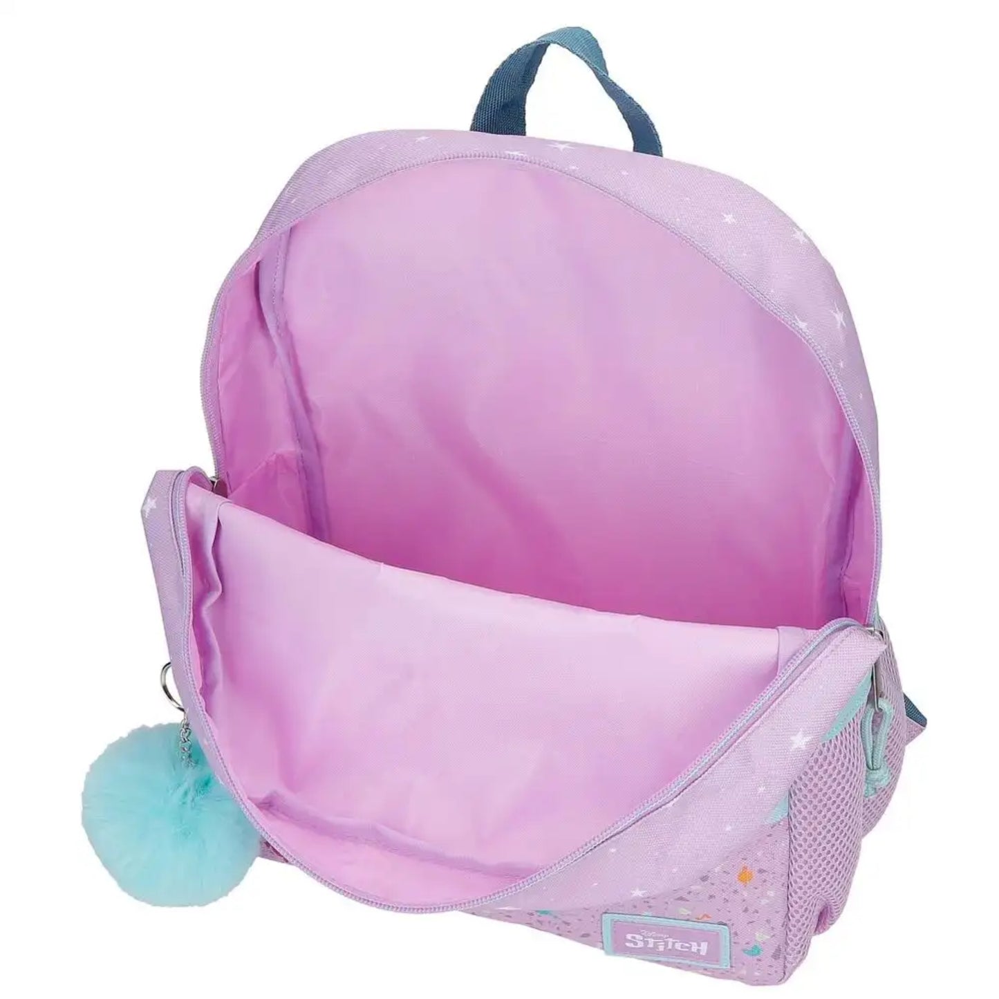 Mochila escolar infantil Stitch Lovely | JOUMMA BAGS - Mochila malva estampada, bolsillo plano frontal y principal con cierre cremallera, 23x28x10cm // 3162241
