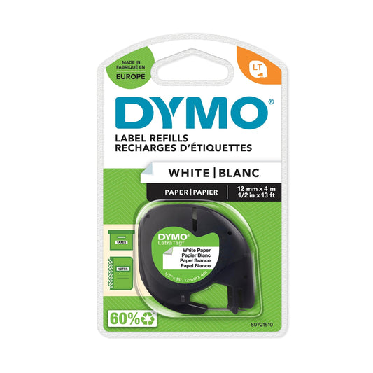 Recambio cinta para DYMO letratag, papel blanco tinta negra, adhesivo, 12mm x 4m