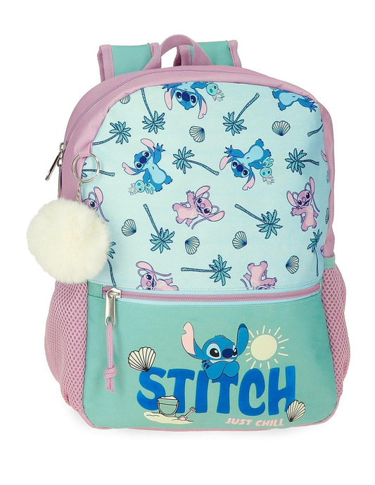 Mochila escolar infantil Stitch 'Just Chill', oficial Disney | JOUMMA - Mochila en tonos celestes y malva, varios tamaños disponibles