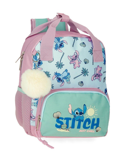 Mochila escolar infantil Stitch 'Just Chill', oficial Disney | JOUMMA - Mochila en tonos celestes y malva, varios tamaños disponibles