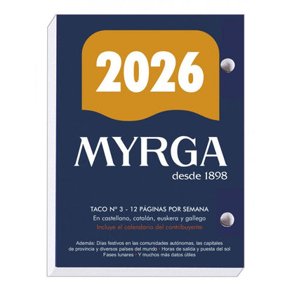 Taco 2026 sobremesa, Nº3 | MYRGA - Taco doble perforado, 650 páginas en blanco, 6 hojas por semana, incluye calendario del contribuyente // Ref: 1103