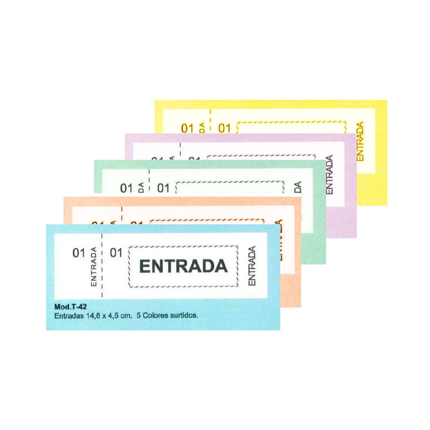 Talonarios Entradas Mod. T-42 | LOAN - Pack de 20 talonarios de 5 colores (4 de cada color),  14,8 x 4,5 cm, 100 tickets por talonario // Ref: 0171624