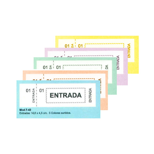 Talonarios Entradas Mod. T-42 | LOAN - Pack de 20 talonarios de 5 colores (4 de cada color),  14,8 x 4,5 cm, 100 tickets por talonario // Ref: 0171624
