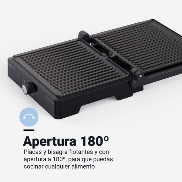 Grill equipado con 2000W de potencia con apertura de 180º y equipado con sistema de seguridad