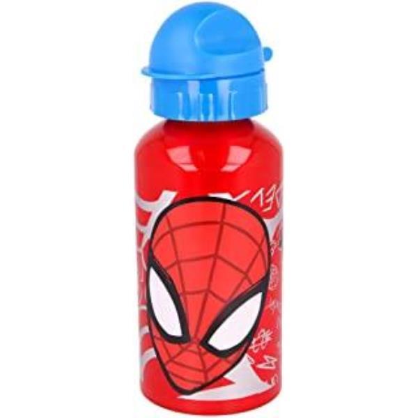 Botella de aluminio con tapón antigoteo y decoración de Spiderman. Capacidad: 500 ml.