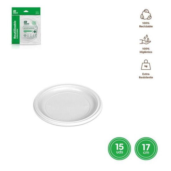 Plato desechable blanco para postre, 17 cm - Pack 15 unidades